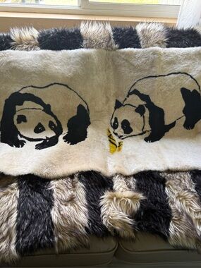 Panda Motif Real Fur Throw Blanket in Cream and Black panda bears super cute